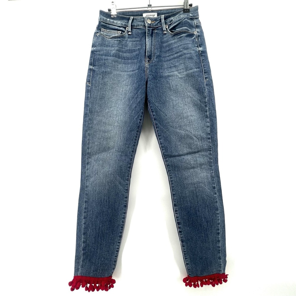 Good American Good Legs Crop Jeans 6/28 Blue High Rise Red Pom Fringe‎ Hem